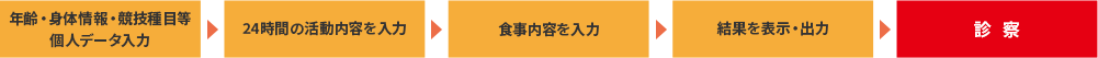 利用の流れ、年齢・身体情報・競技種目等個人データ入力、24時間の活動内容を入力、食事内容を入力、結果を表示・出力、診察