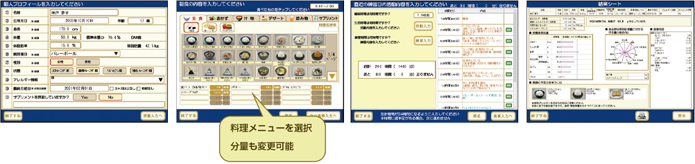 個人プロフィール・食事内容、料理メニューを選択 分量も変更可能・活動内容・結果